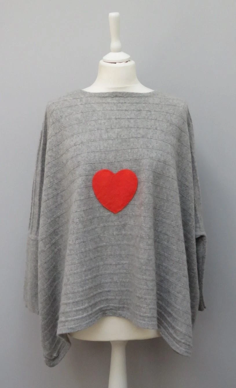 Kenar 100% Cashmere Oversized Grey Orange Heart Relaxed Fit Poncho Jumper M 12