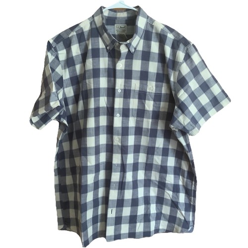 LL Bean Short Sleeve Blue And White Check Shirt Mens Size XL Tall Cotton