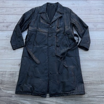 Men's Black Patch Leather Full-Length Trench Coat Belted Sz 2XL 3 Button Jacket