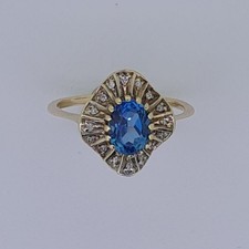 9ct Gold Blue Topaz & Diamond Vintage Cluster Ring, Gold Tested, UK Size U