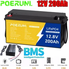 12V 200Ah LiFePO4 Lithium Battery Deep Cycle Built-in BMS w/ 14.6V 20A Charger