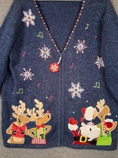VTG Tiara International Womens Sweater 1X Blue Zip Cardigan Reindeer Christmas