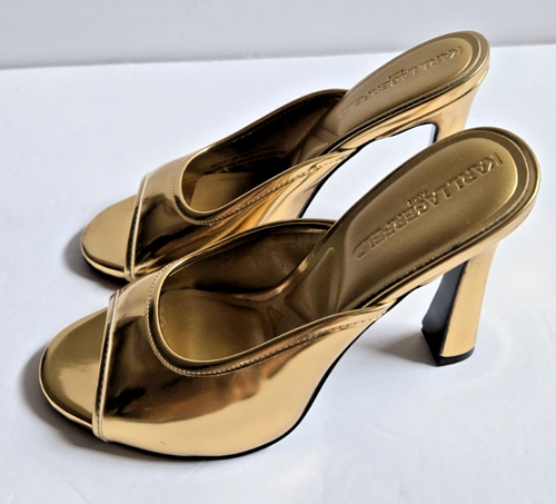 KARL LAGERFELD PARIS CHATURA PUMPS PEEP TOE GOLD WOMENS SIZE 6.5 NIB - Picture 4 of 11