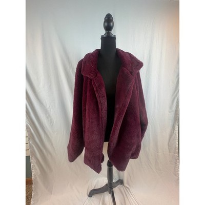 Burgundy Faux Fur Teddy Coat Oversized Notched Lapel Open Front Jacket Wine Red