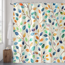 Boho Floral Shower Curtain, Modern Nature Aesthetic Colorful Leaves Shower Curta