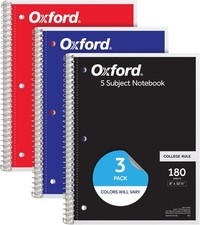 Spiral Notebooks 3 Pack 5 Subject College Ruled Notebooks School 8 x 10.5 Inches