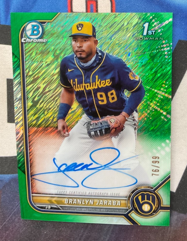 2022 Bowman Chrome #CPA-BJ Branlyn Jaraba Auto Green Shimmer 76/99 1st Bowman