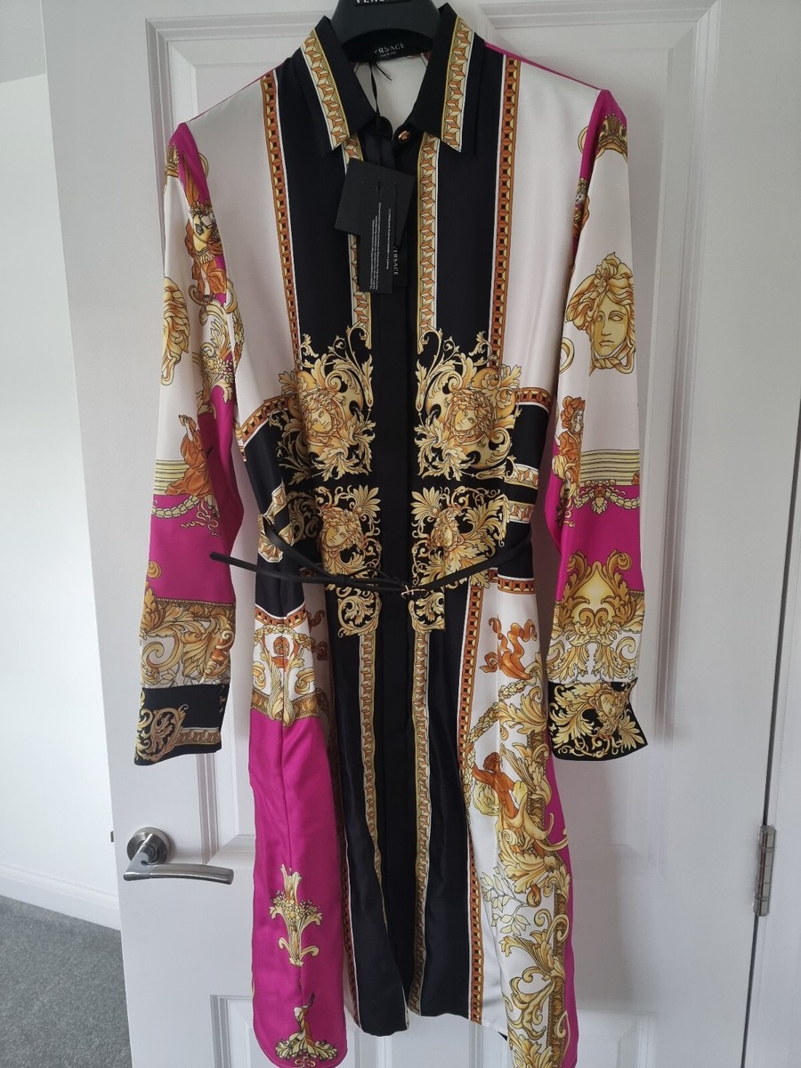VERSACE Medusa Renaissance Print Twill Silk Shirt Dress Pink Size