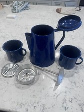 VTG Blue Speckled Enamelware Camping Percolator Coffee Pot 2 mugs Clean Set