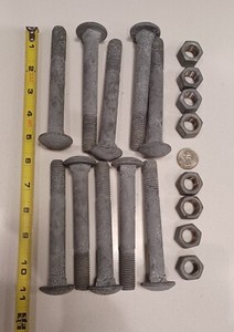 Ten 5" Long Galvanized Carriage Bolts (5/8 - 11 Thread) and Eight 15/16" Nuts