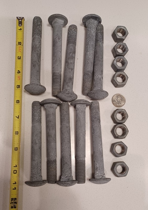 Ten 5" Long Galvanized Carriage Bolts (5/8 - 11 Thread) and Eight 15/16" Nuts