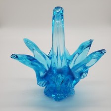 Vintage Ice Blue Blown Art Glass Basket Stretched Unmarked Murano Style
