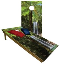 CORNHOLE BEANBAG TOSS GAME w Bags Paradise Island Waterfall Nature Wooden Set