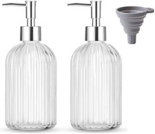 TRIXES Ribbed Glass Soap Dispenser Bottles - 2 Pack - Chrome Finish