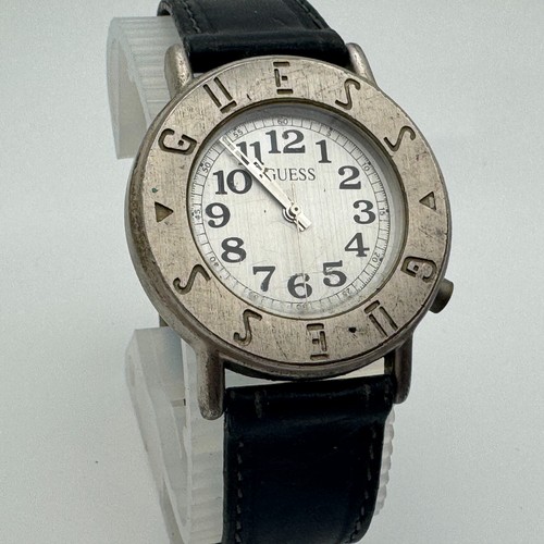 Vintage GUESS Quartz Watch Unisex Silver Leather Japan Movt Analog New Battery - Picture 2 of 6