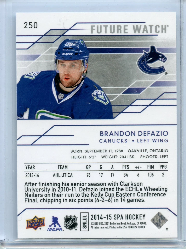 2014-15 SP Authentic #250 Brandon Defazio RC 973/999 - Image 2 of 2