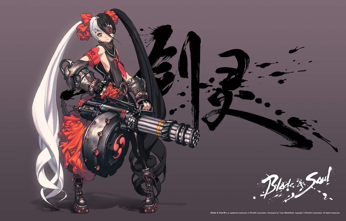 Anime girls twintails with guns blade soul weapon video Playmat