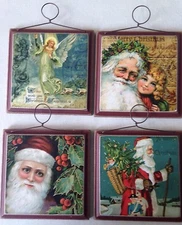 New Set of 4 Rustic Christmas/Santa Scenes 4.5" Vintage Style Plaques