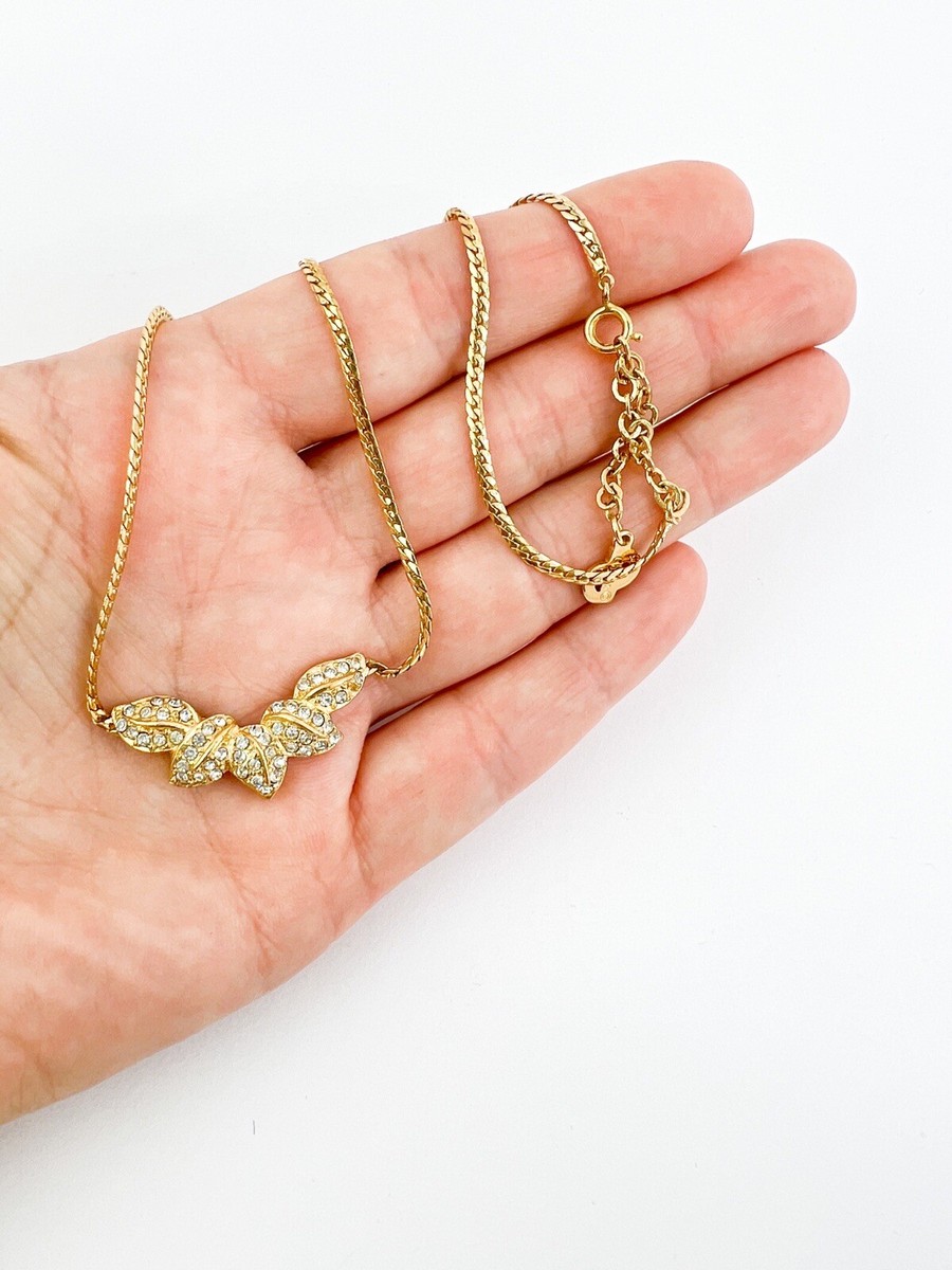 VINTAGE CHRISTIAN DIOR NECKLACE LEAF CHARM RHINESTONE GOLD