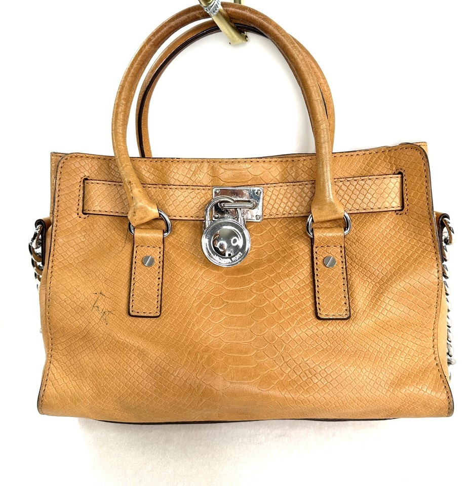 Michael Kors Tan Snakeskin Embossed Leather Shoulder Bag Brass Lock