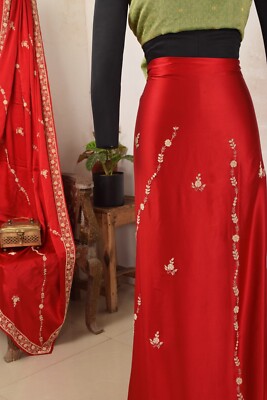 Sanskriti Vintage Red Pure Satin Silk Hand Beaded Skirt Dupatta Combo Set 