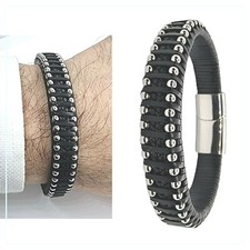 Bracciale uomo in cuoio e pelle braccialetto intrecciato nero in acciaio inox 