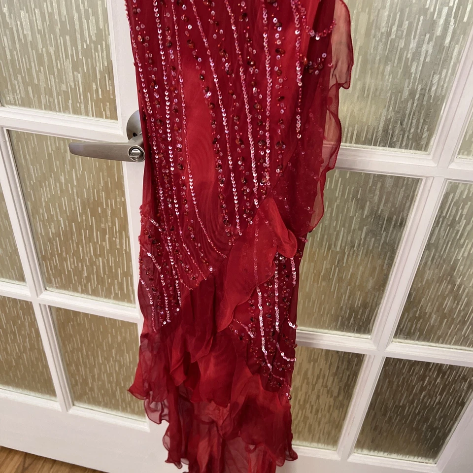 Vestido de seda ROMA High Class talla 6, S-XS rojo oscuro con cuentas, volantes Foto 3 de 4