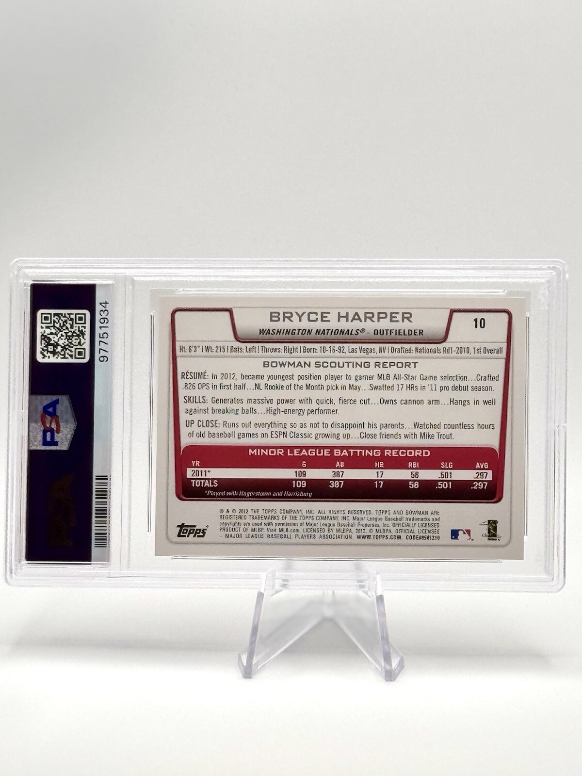 2012 Bowman Draft Bryce Harper Rookie RC #10 PSA 10 view 2