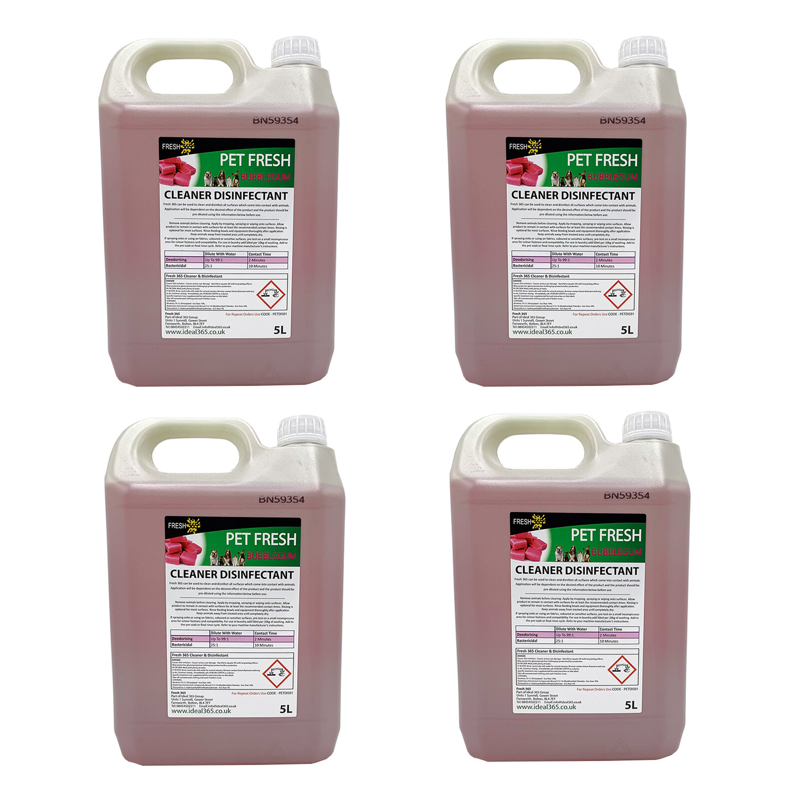 4 x FRESH 365 5L Pet Safe Dog Cat Disinfectant Cleaner & Deodoriser
