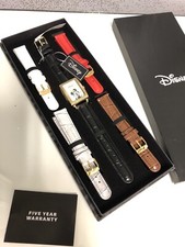 Authentic Disney Mickey Mouse Gold Tone Rectangle Watch Set 5 Leather Bands