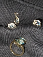 Ohrstecker/ Ohrringe und Anhänger 585 k Gold Blautopas Tropfen + Ring