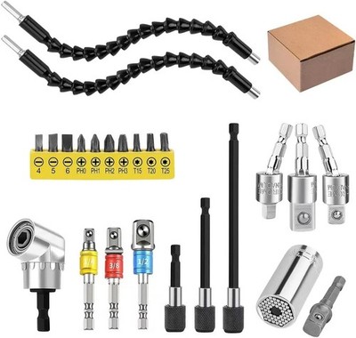 24Pcs Flexible Drill Bit Extension Set, 105°Right Angle Drill Attachmen, Rotatab
