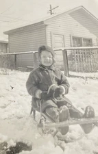 1940s Cute Little Boy Riding Snow Sled Winter Fun House Kid Original Photo P21p8