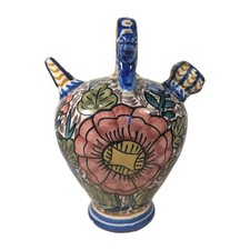 Spanish Style Hand Painted Pottery Botijo Water Jug Floral Folk Art Vase