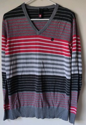 Element Men's Striped Sweater V-Neck Gray/Black/Red 100% Cotton Size Medium