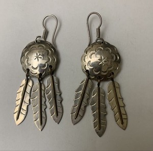 Sterling Silver 925 Mexico Concho And Feather Dangle Drop Earrings
