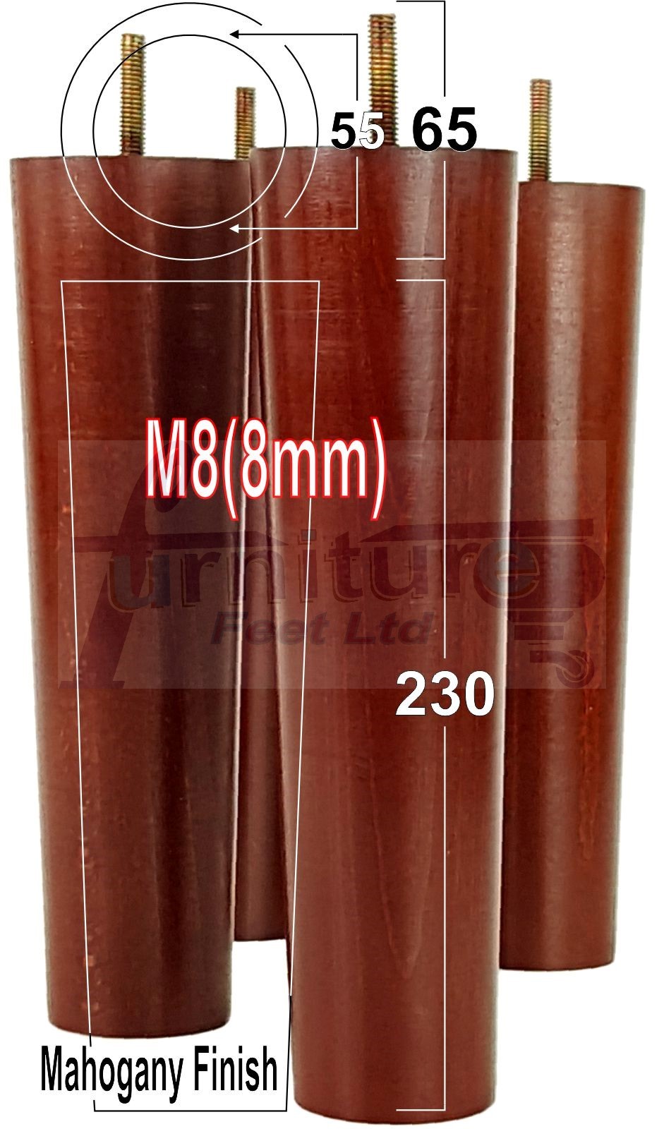 4 Furniture Legs Replacement Feet 230mm Chairs & Cabinets M8 Thread: Mahogany