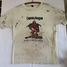 Vtg 80s Captain Morgan Shirt Rum Pirate L THRASHED Distressed Painter Artist Tee