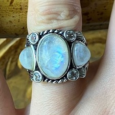 Natural Rainbow Moonstone Sterling Silver Cocktail Ring Size 6