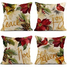 4Pcs Christmas Pillow Covers 'Peace Joy Noel' Poinsettia Cardinal Cushion Case