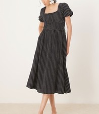 NWT Nobody’s Child Aggie Midi Dress Women’s Size 8 Black Stripe Puff Sleeves