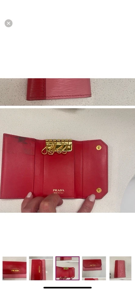 Cartera de cuero PRADA con logotipo pequeña rosa Saffiano compacta estuche para llaves ganchos soporte arco Foto 4 de 4