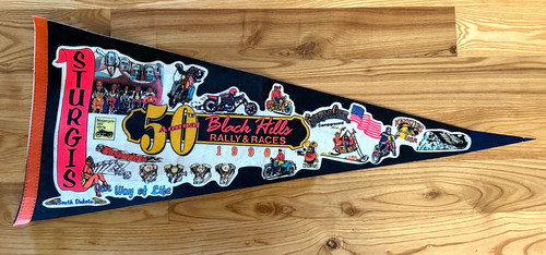 Vintage STURGIS 1990 BLACK HILLS 50th Felt Pennant Flag BIKE RALLY Man Cave
