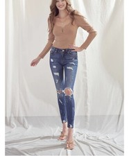 Kancan Cora Mid Rise Super Skinny Ripped Jeans Step Hem size 25 3 Dark Wash