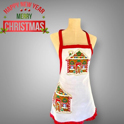 Handmade Christmas Apron W/ Pocket Gingerbread Man House Holiday￼ Baking