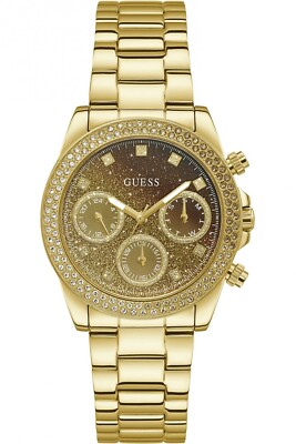 New Ladies Guess Sol Gold Multi Colour Dial Crystal 24Hr Day & Date Watch Rp£250