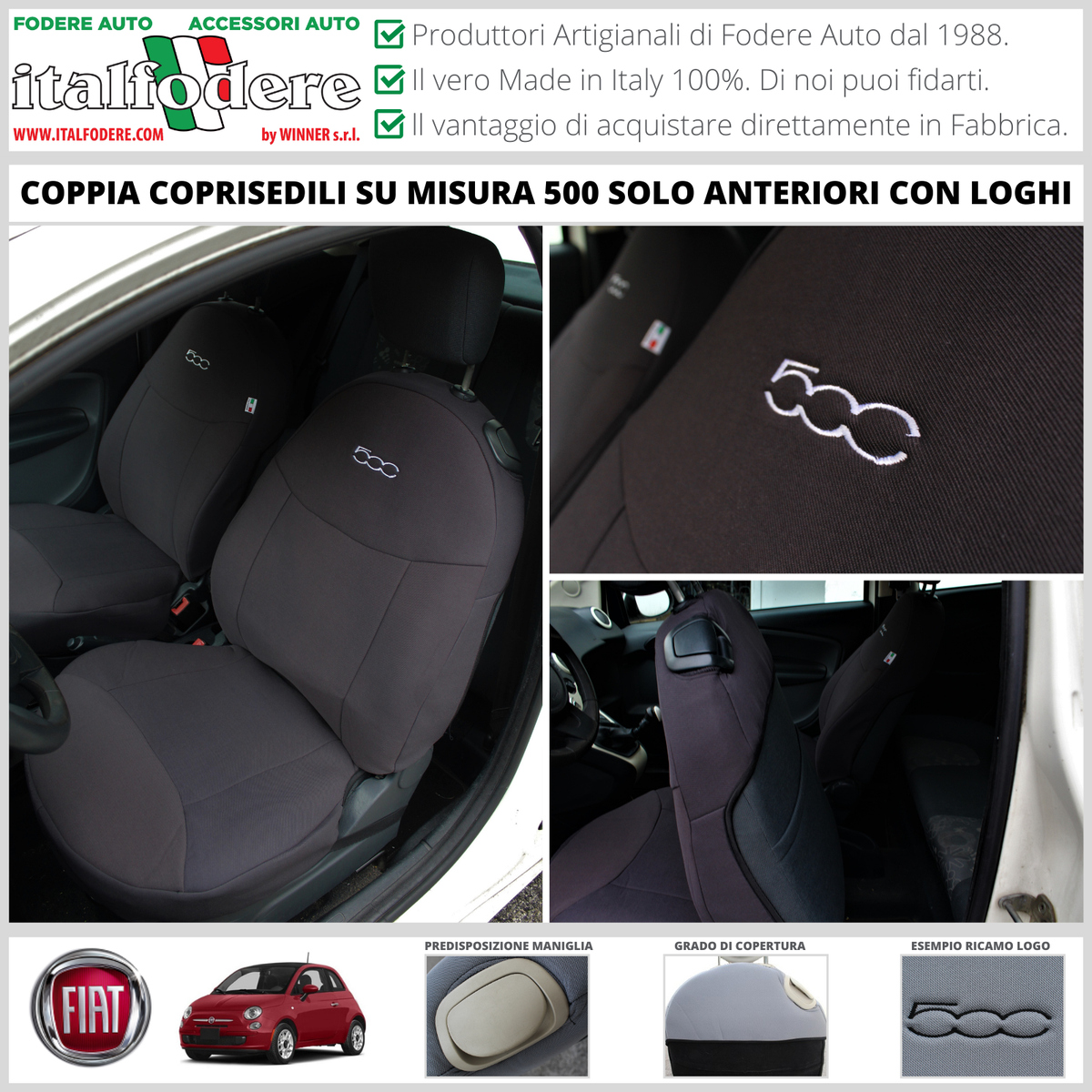 COPPIA COPRISEDILI Fiat 500 SU MISURA Fodere Foderine ANTERIORI Tessuto Cordura - Foto 12