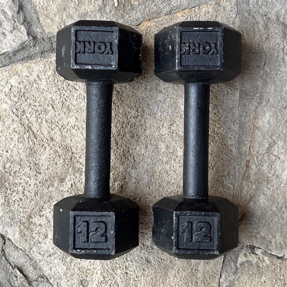 Hex VINTAGE YORK BARBELL DUMBBELLS Iron  PAIR OF 12 LB - Image 2 of 4