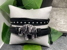 2 PC Leather Bracelet Stackable Adjustable Tie Free Ship Elephant B3291