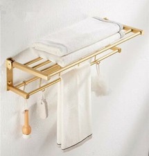 Brushed Gold 19" Brass Bathroom Folding Towel Rack Wall Organizer Hook Hanger
